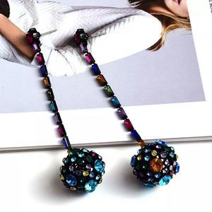 Long Colorful Crystal Ball Drop Earrings  Geometric Rhinestone Pendant J…